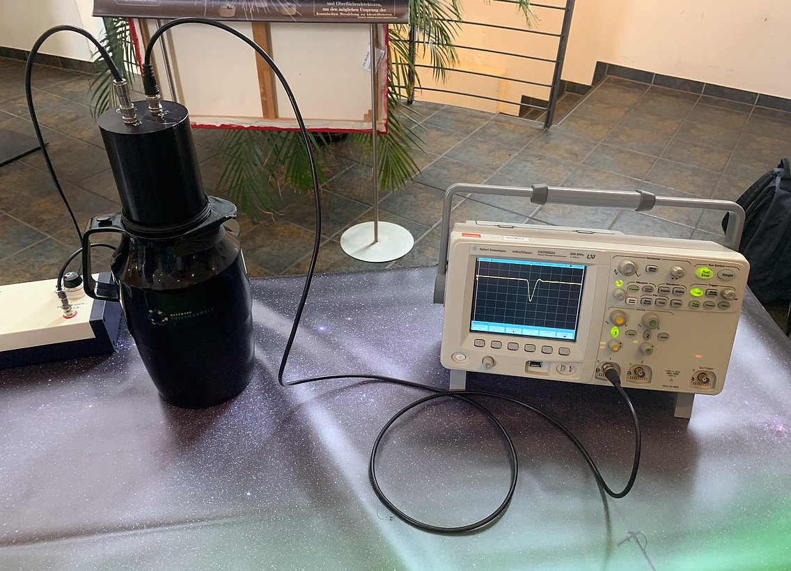 Eine geschlossene Kanne mit Wasser ist über Kabel mit einem Messgerät verbunden.